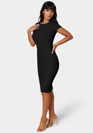 703800RR_black_1 Short Sleeve Midi T-Shirt Ribbed Dress