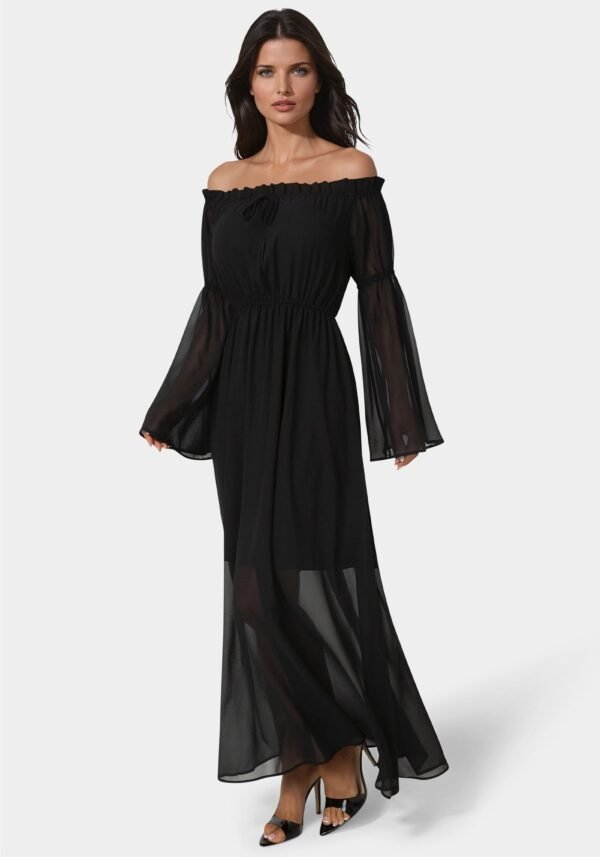 bebe2151_black_2_eb2e51eb-5e0f-45fb-8fe8-3ee37661758a Off the Shoulder Bell Sleeve Maxi Dress