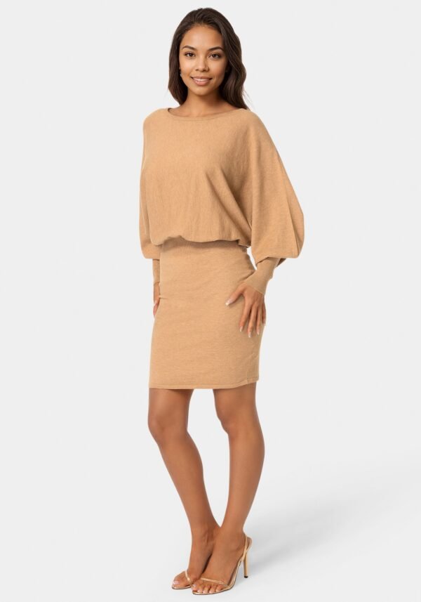 bebe2164_camel_2_b45c6e21-0db5-4425-985b-9af049706dd8 Scoop Neck Blouson Sweater Midi Dress