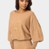 bebe2164_camel_4_59e62303-1148-4d49-bd8b-b3c0064701dd Scoop Neck Blouson Sweater Midi Dress
