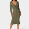 Button Front V-Neck Sweater Midi Dress