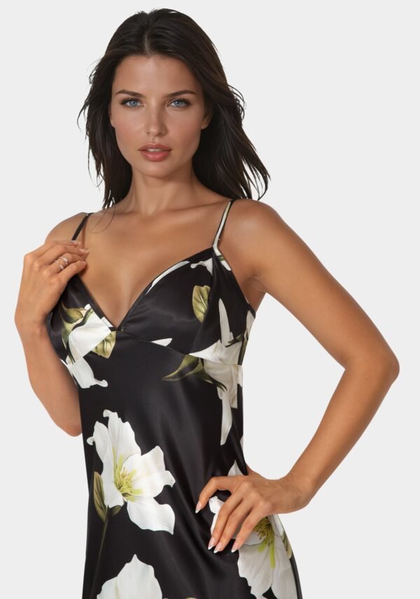 bebe2290_black-ivory_4_6513f1a1-015c-4c33-892d-8f3359d262d8 Printed Satin V-Neck Maxi Dress